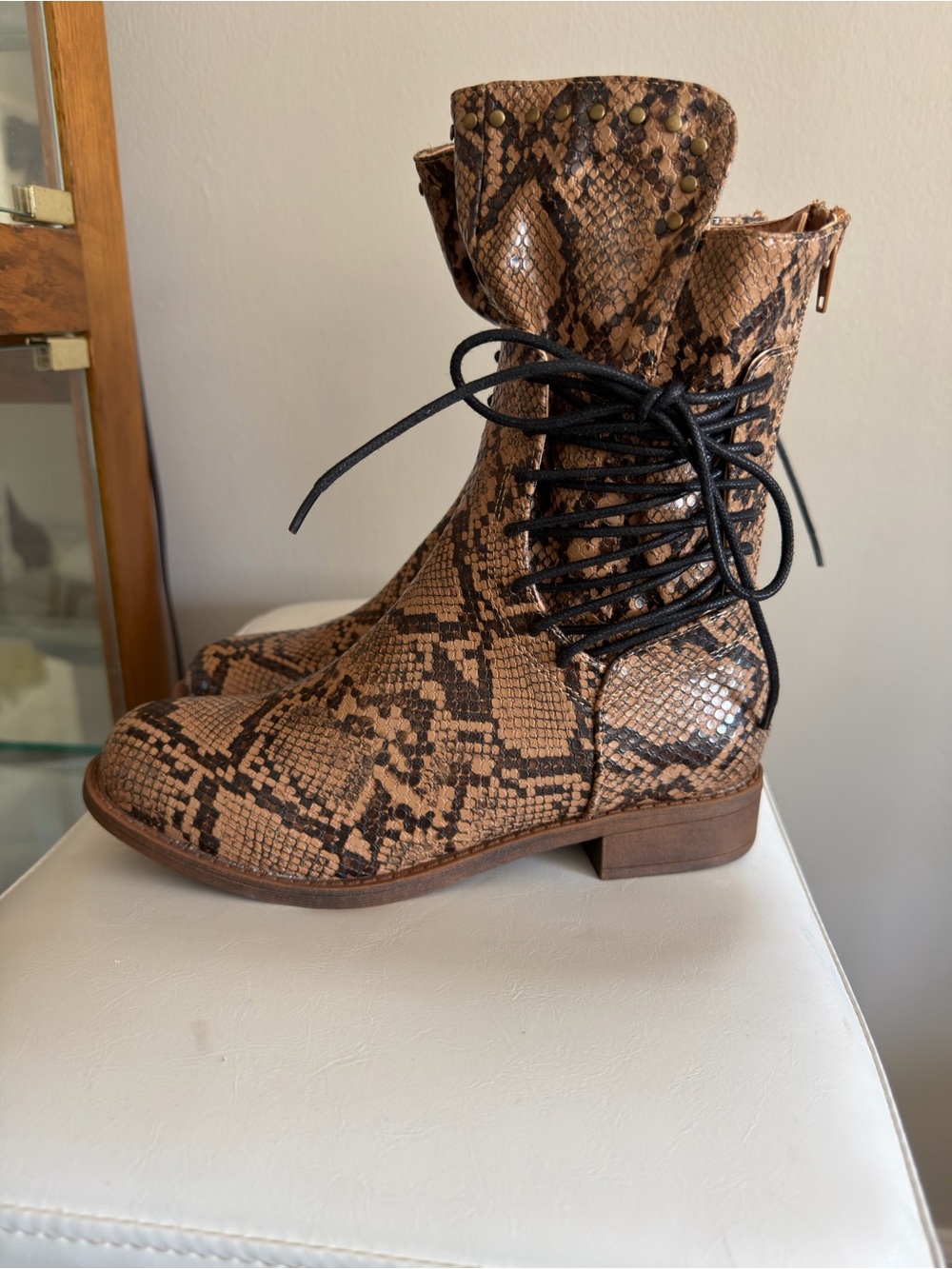 Women's Snake-Print Lace-Up Ankle Boots in Brown